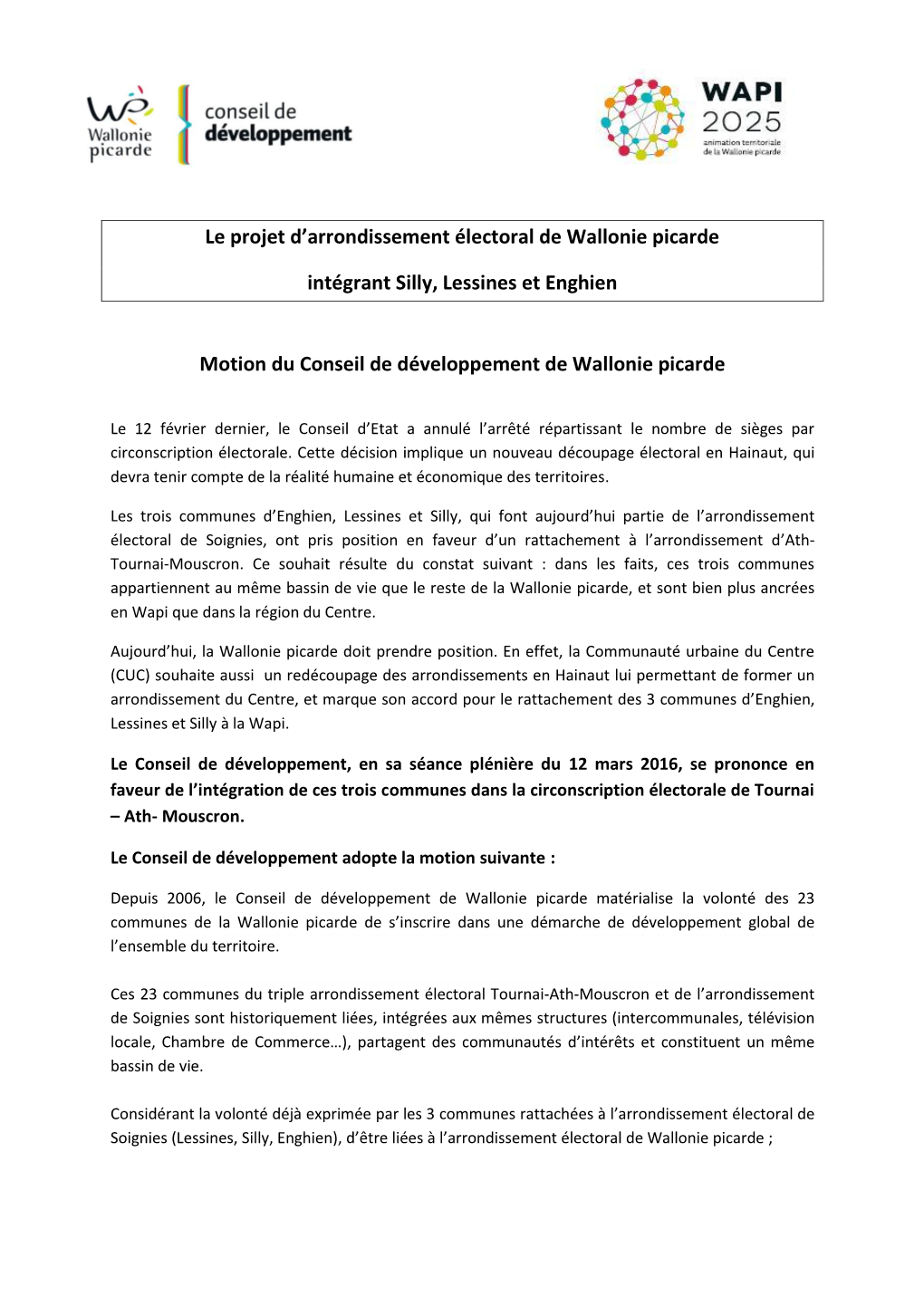 Motion Du Conseil De Développement De Wallonie Picarde