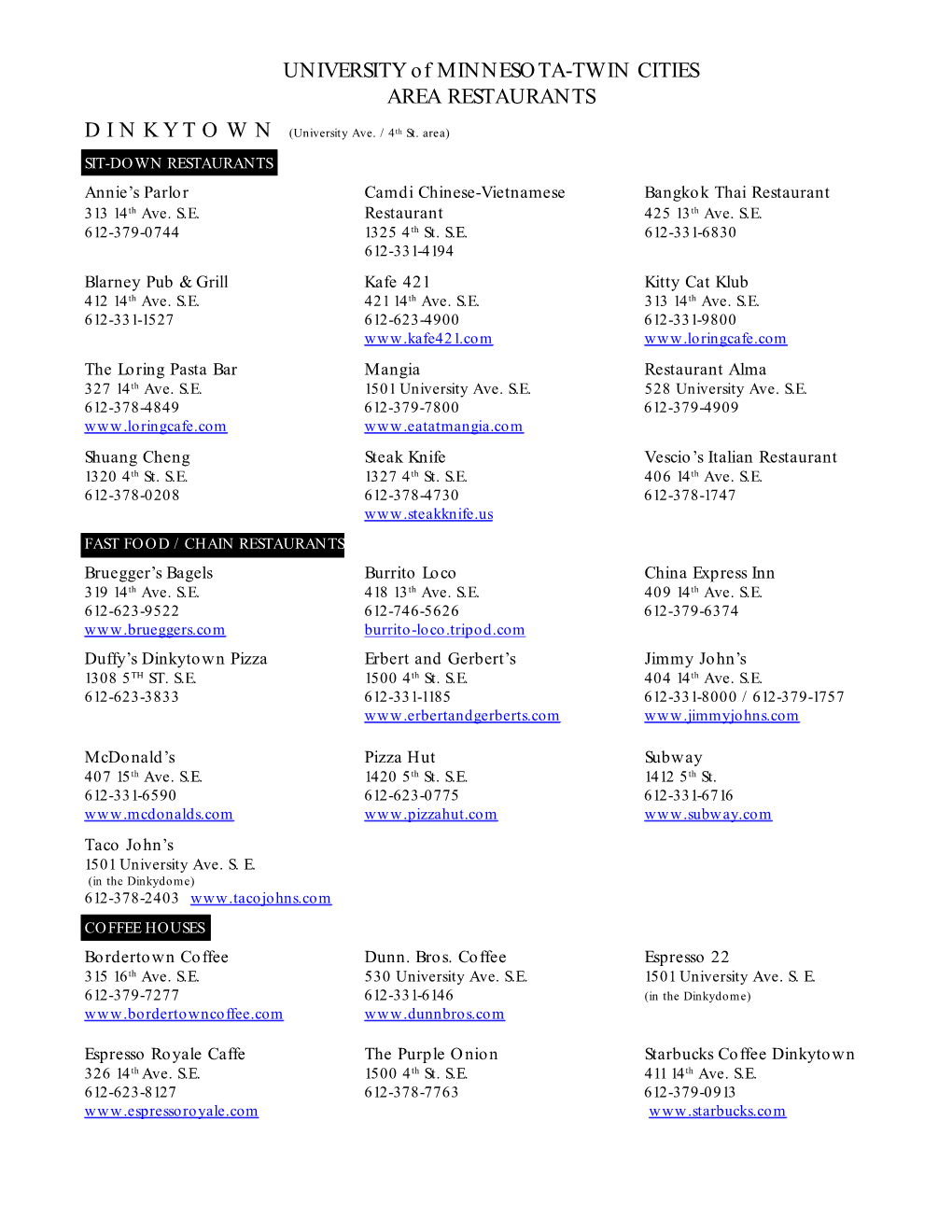 UNIVERSITY of MINNESOTA-TWIN CITIES AREA RESTAURANTS