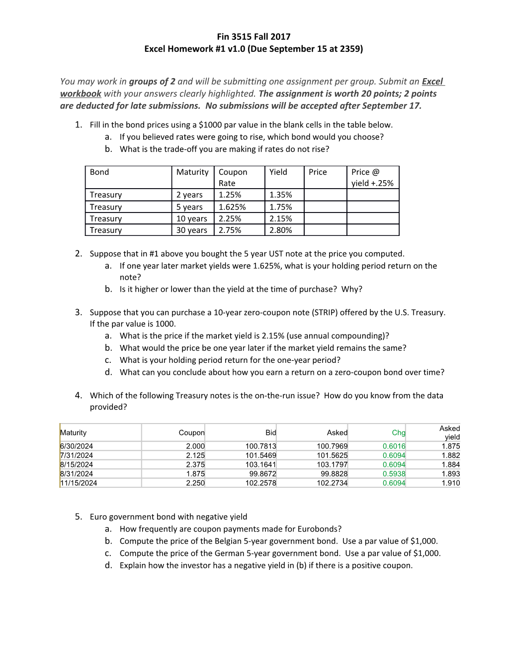 Excel Homework #1 V1.0 (Due September 15 at 2359)