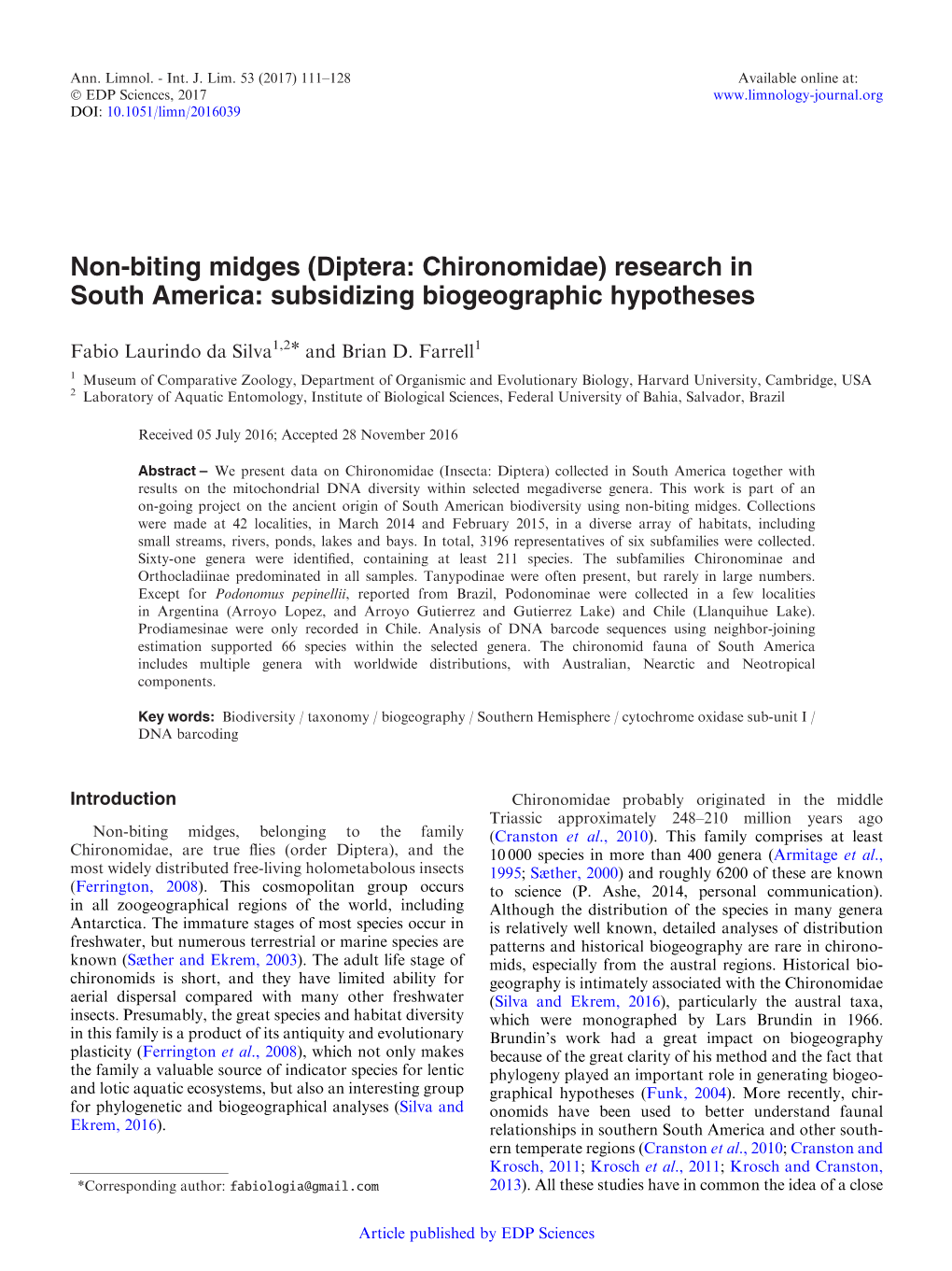 Diptera: Chironomidae) Research in South America: Subsidizing Biogeographic Hypotheses