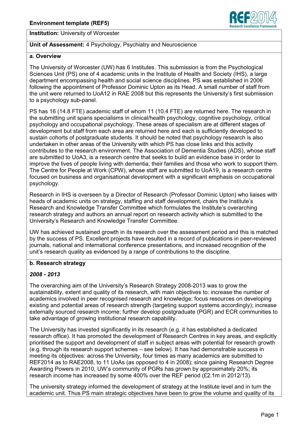 Environment Template (REF5) Page 1 Institution: University of Worcester Unit of Assessment: 4 Psychology, Psychiatry and Neurosc