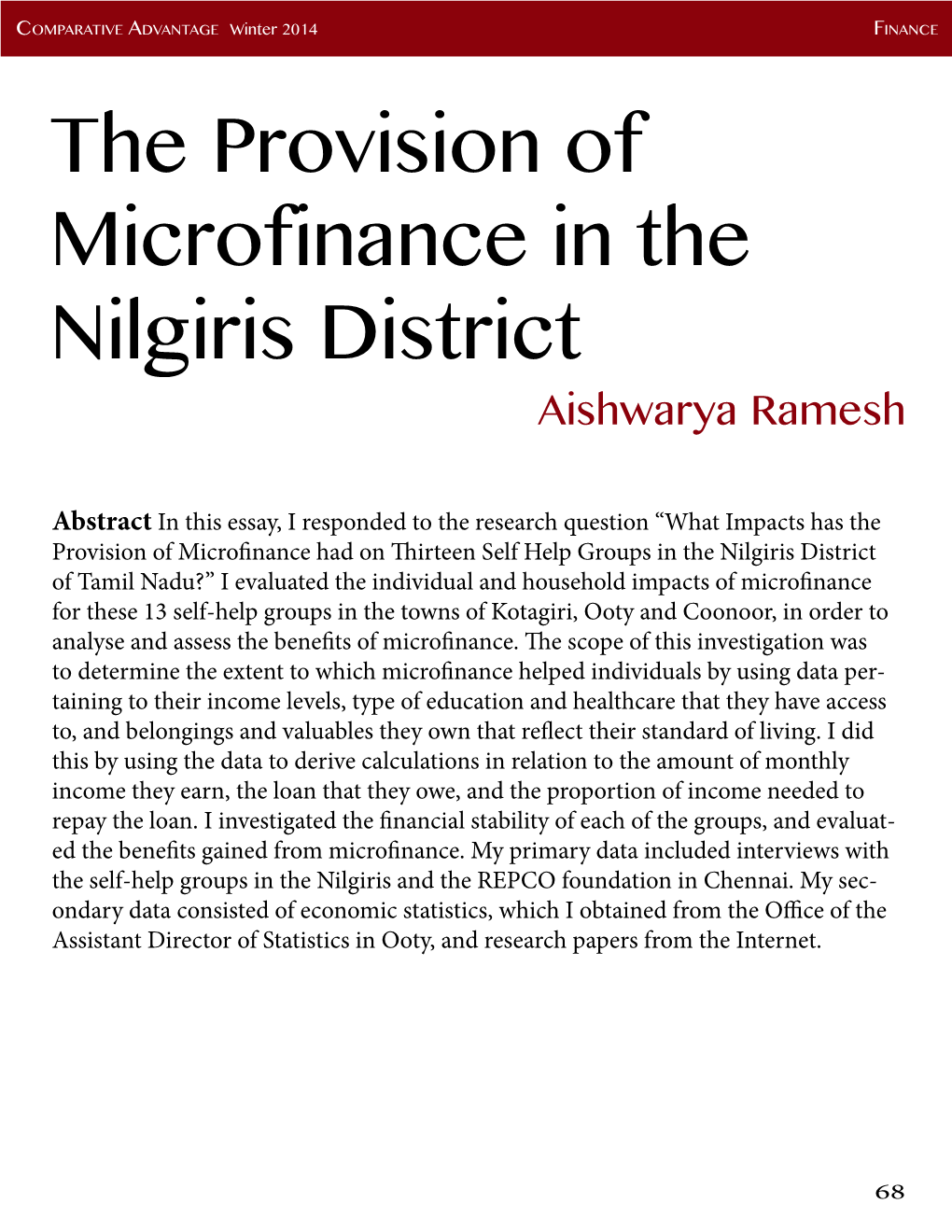 The Provision of Microfinance in the Nilgiris District Aishwarya Ramesh