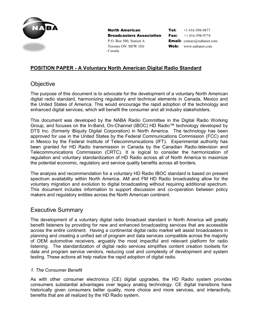 Position Paper on a Voluntary North American Digital Radio Standard
