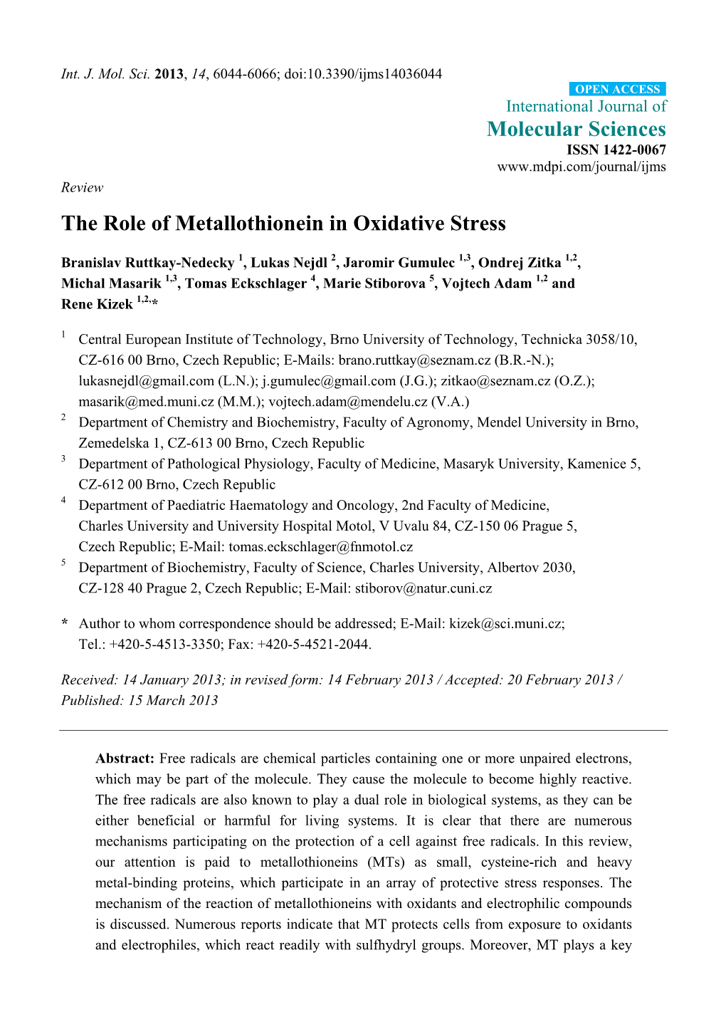 The Role of Metallothionein in Oxidative Stress