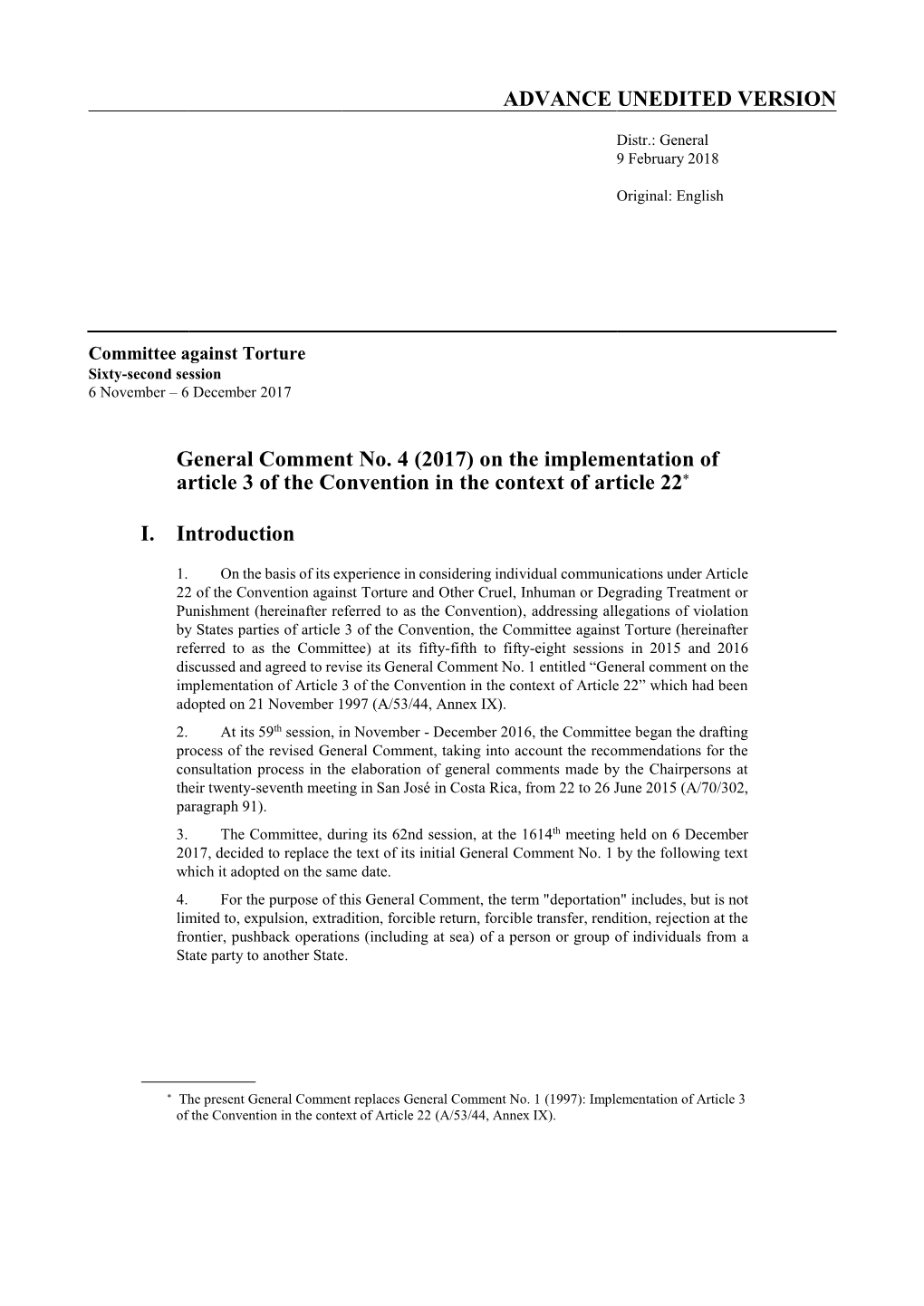 General Comment No. 4 (2017) on the Implementation of Article 3 of the Convention in the Context of Article 22