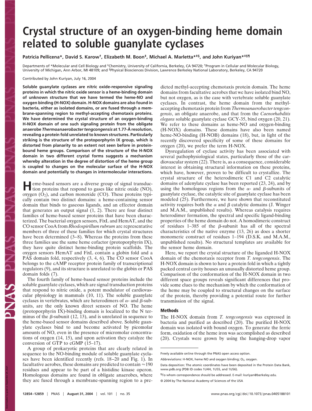 Crystal Structure of an Oxygen-Binding Heme Domain Related to Soluble Guanylate Cyclases