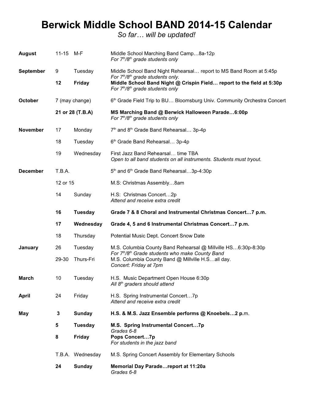 Berwick Middle School BAND 2014-15 Calendar