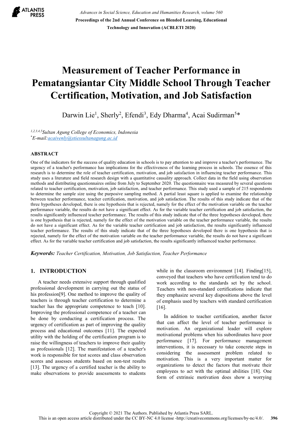 Measurement of Teacher Performance in Pematangsiantar City Middle School Through Teacher Certification, Motivation, and Job Satisfaction