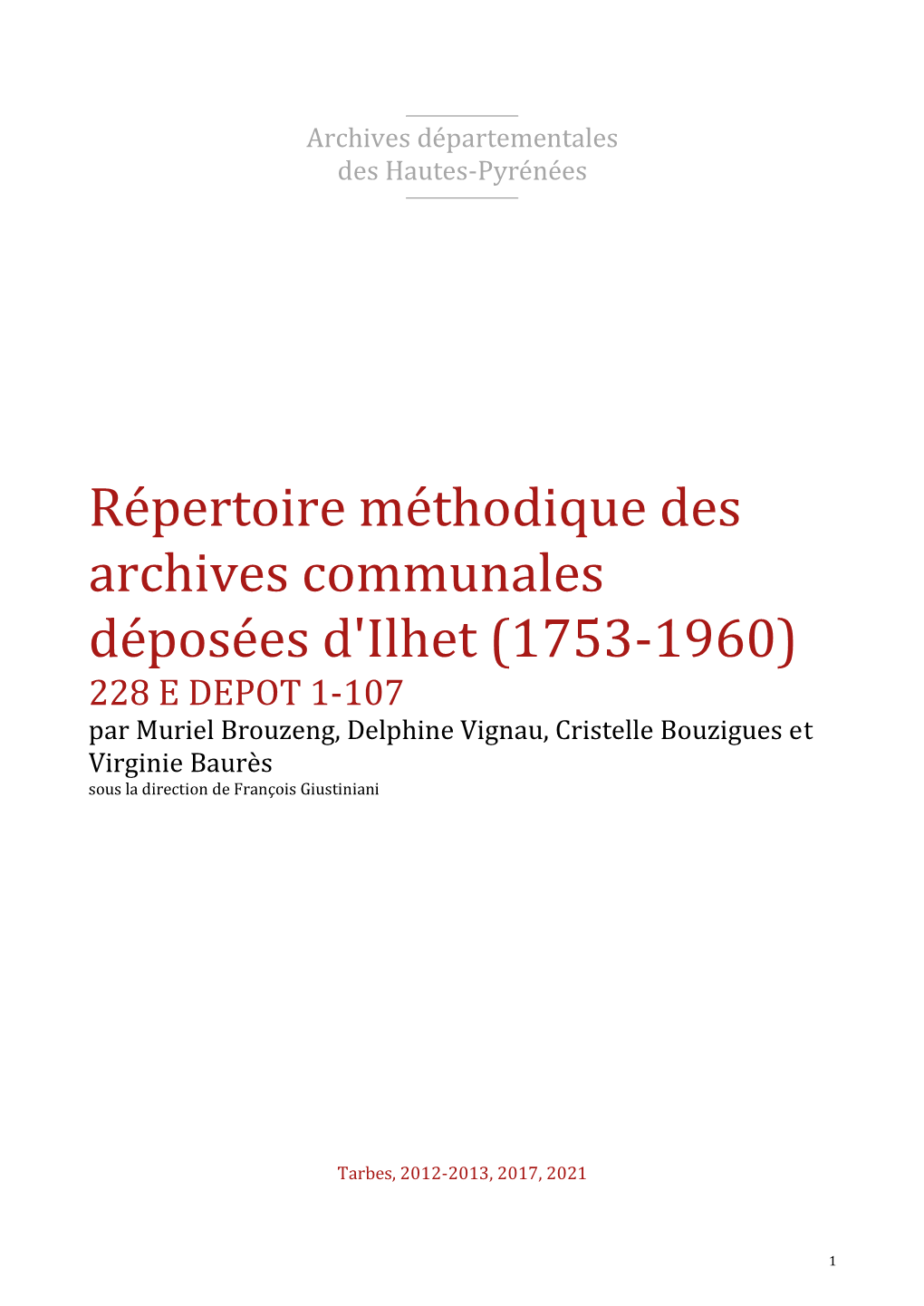 Répertoire Des Archives Déposées D'ilhet