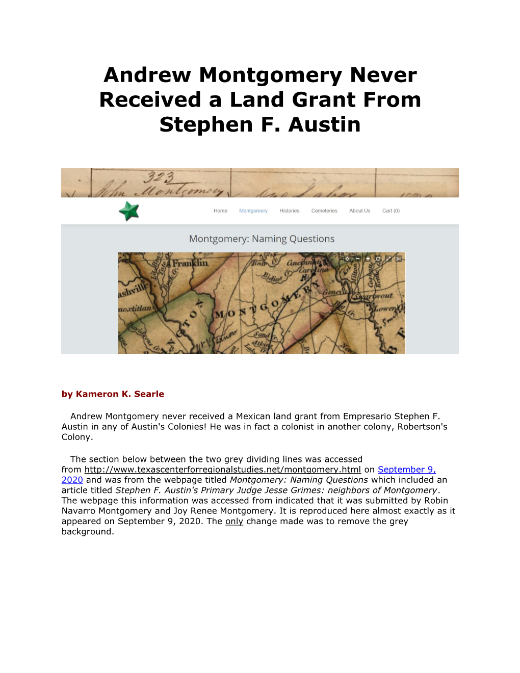 Andrew Montgomery Never Received a Land Grant from Stephen F. Austin