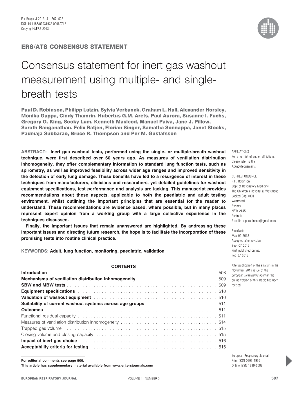 Consensus Statement for Inert Gas Washout Measurement Using Multiple- and Single- Breath Tests