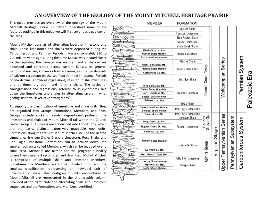 AN OVERVIEW of the GEOLOGY of the MOUNT MITCHELL HERITAGE PRAIRIE This Guide Provides an Overview of the Geology of the Mount Mitchell Heritage Prairie