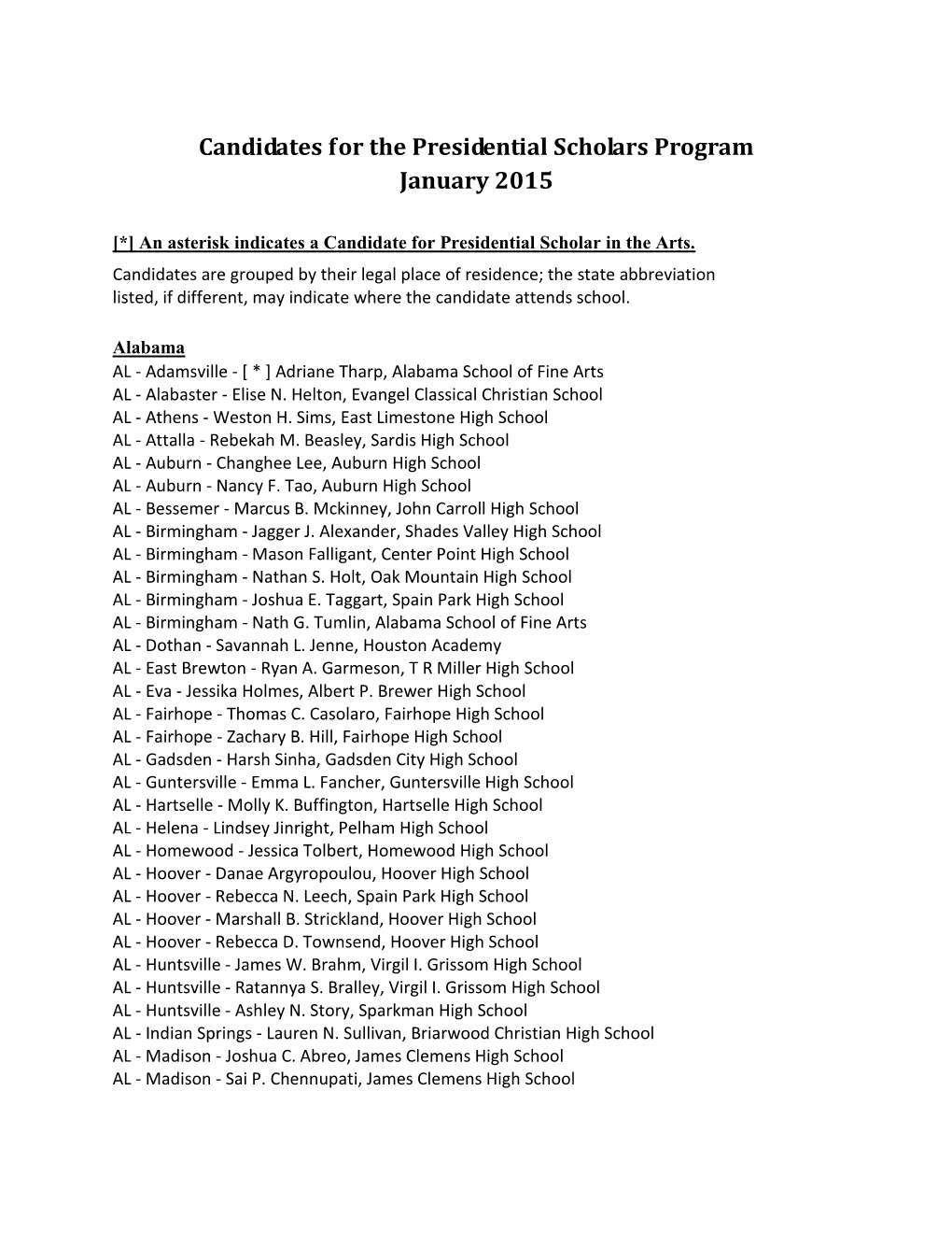 Candidates for the Presidential Scholars Program -- March 3, 2015