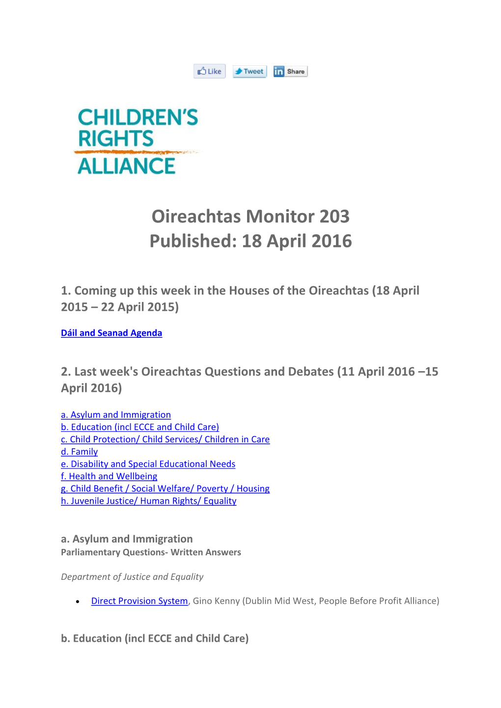 Oireachtas Monitor 203 Published: 18 April 2016