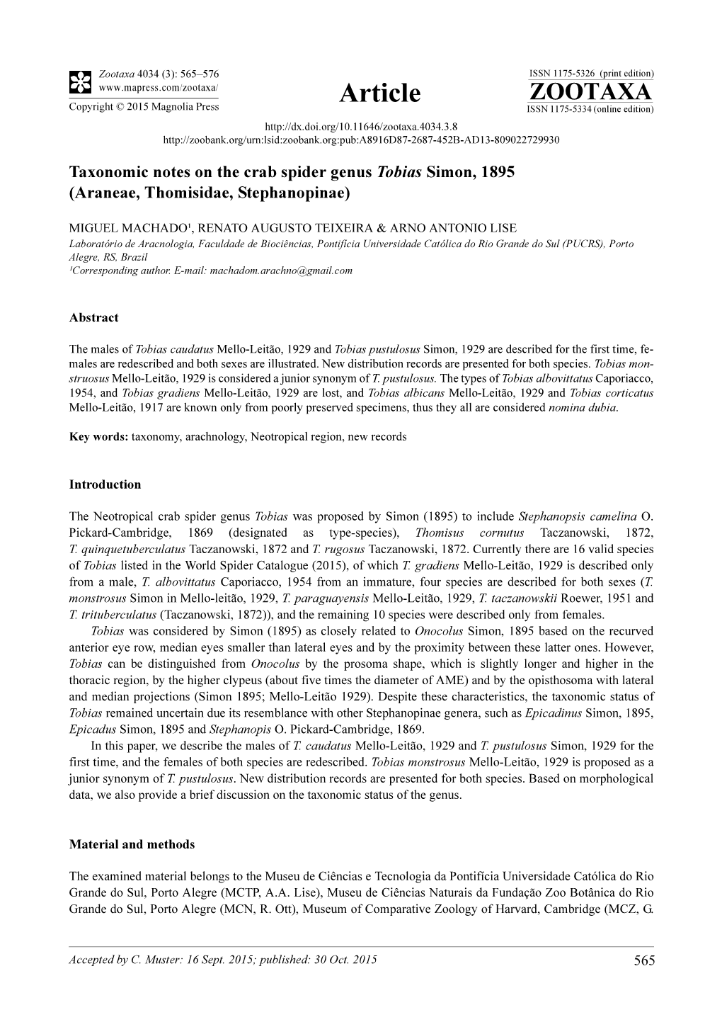 Taxonomic Notes on the Crab Spider Genus Tobias Simon, 1895 (Araneae, Thomisidae, Stephanopinae)