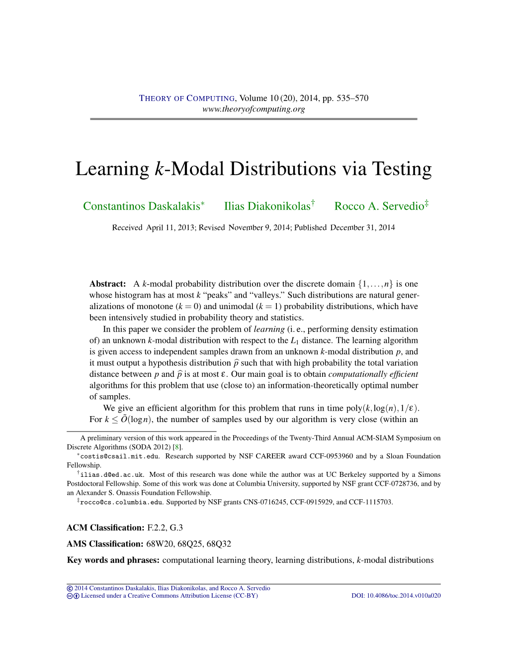 Learning K-Modal Distributions Via Testing