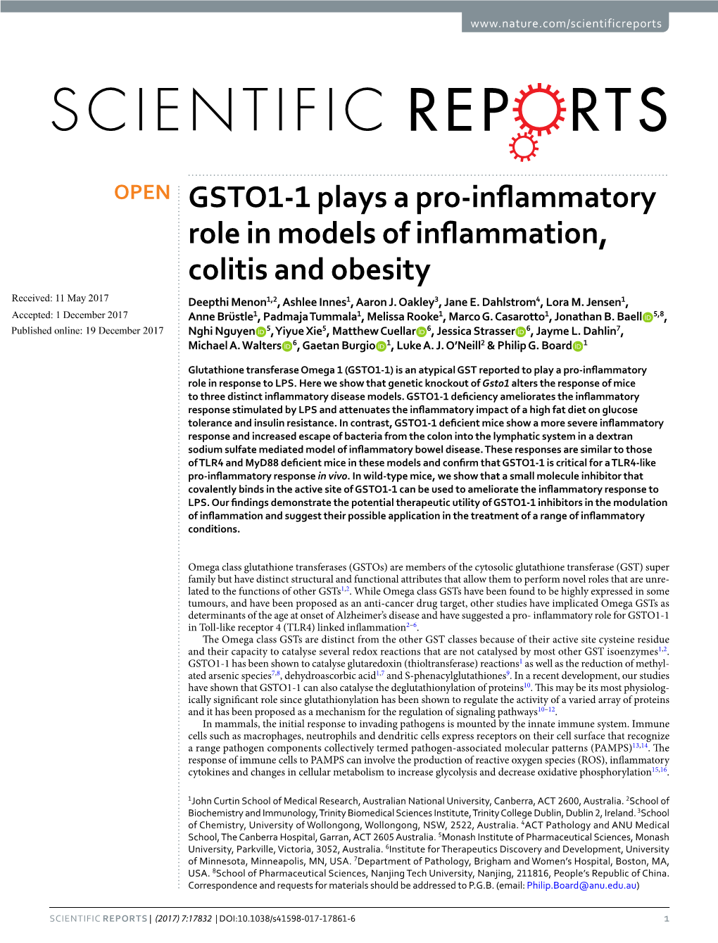 GSTO1-1 Plays a Pro-Inflammatory Role in Models of Inflammation, Colitis and Obesity