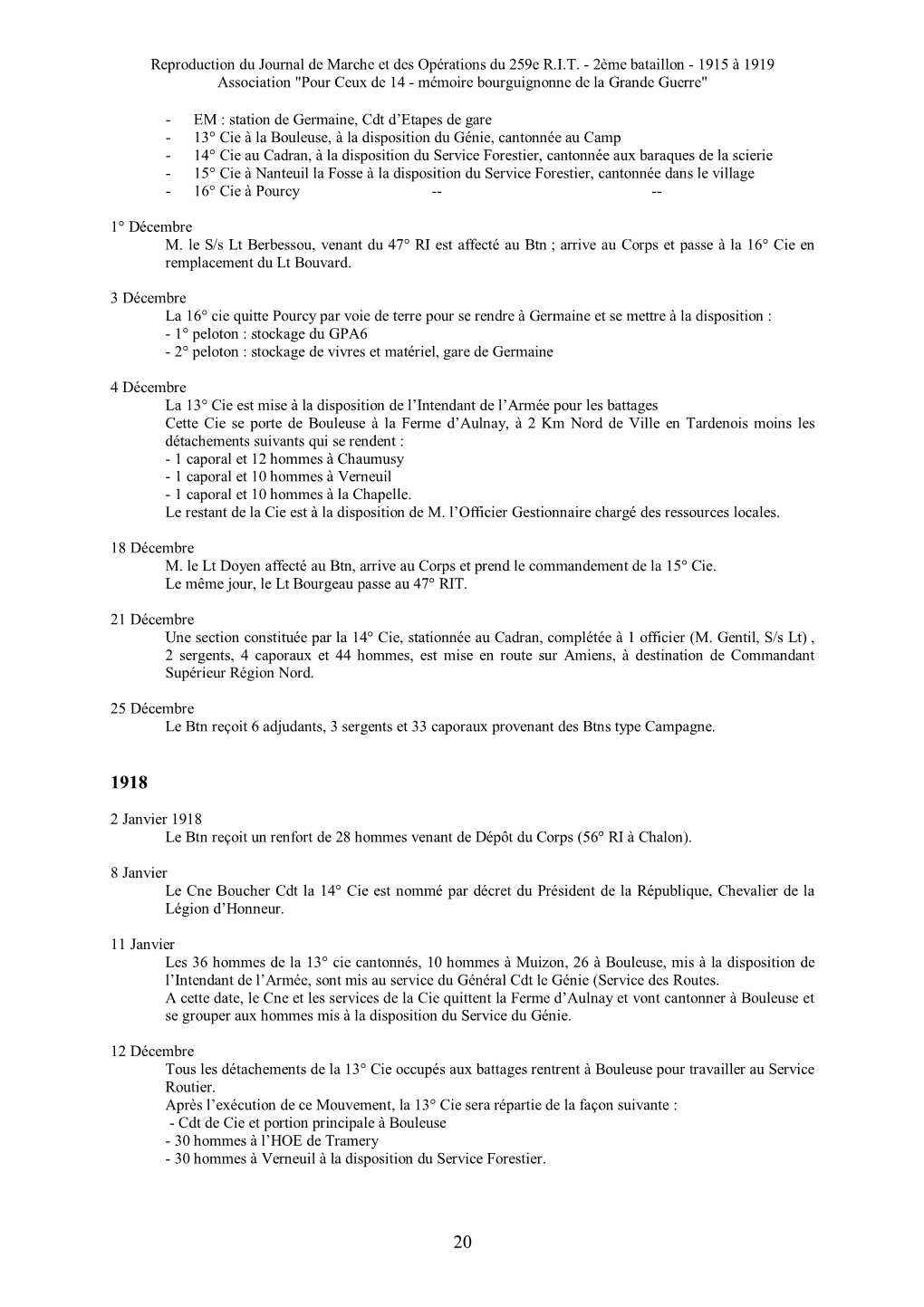 Reproduction Du Journal De Marche Et Des Opérations Du 259E R.I.T