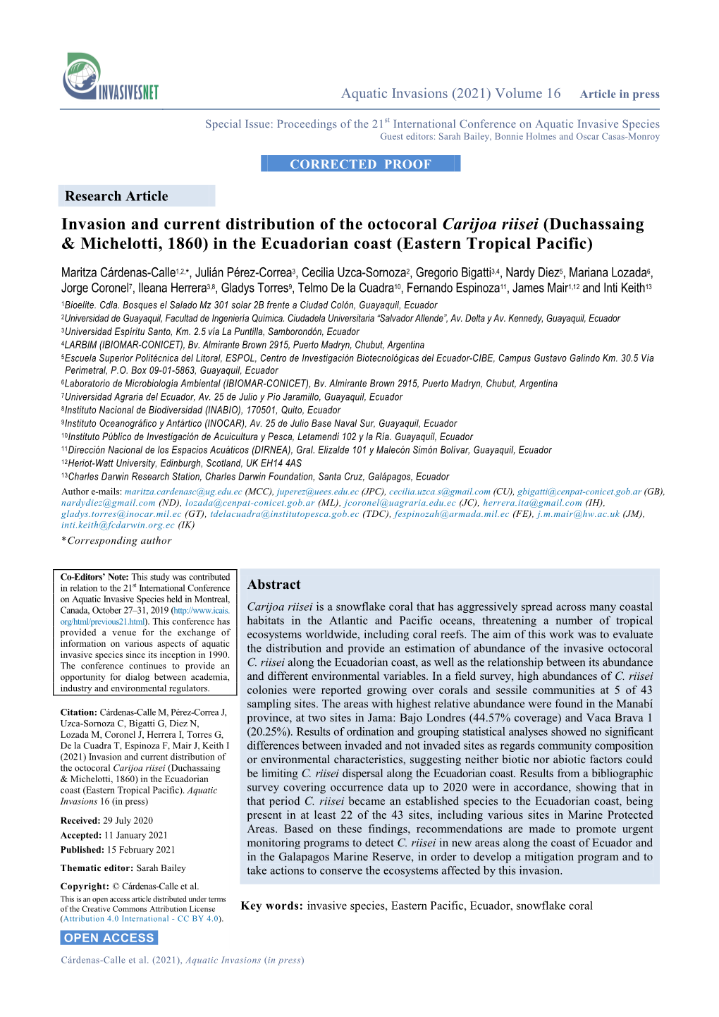 Invasion and Current Distribution of the Octocoral Carijoa Riisei (Duchassaing & Michelotti, 1860) in the Ecuadorian Coast (Eastern Tropical Pacific)