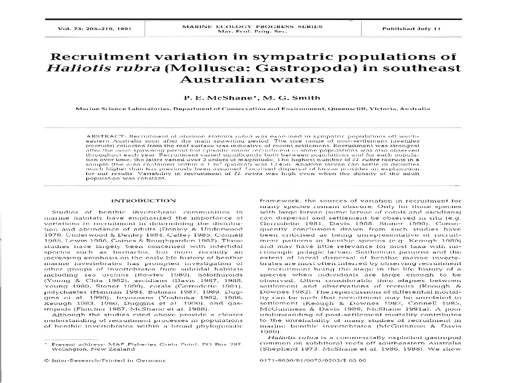 Recruitment Variation in Sympatric Populations of Haliotis Rubra (Mollusca: Gastropoda) in Southeast Australian Waters