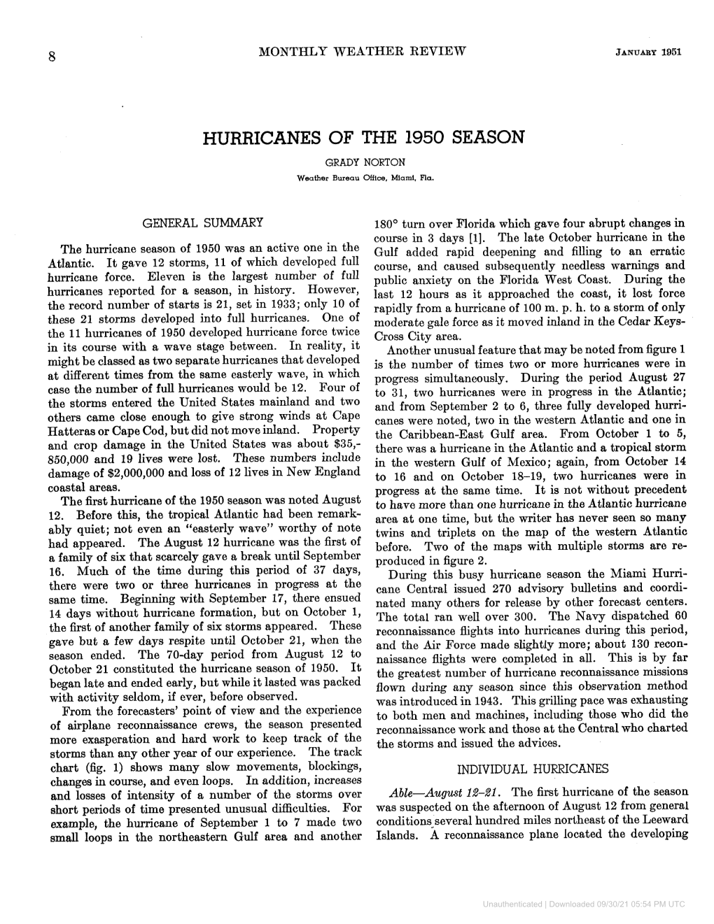 HURRICANES of the 1950 SEASON GRADY NORTON Weather Bureau Offlce, Miami, Fla