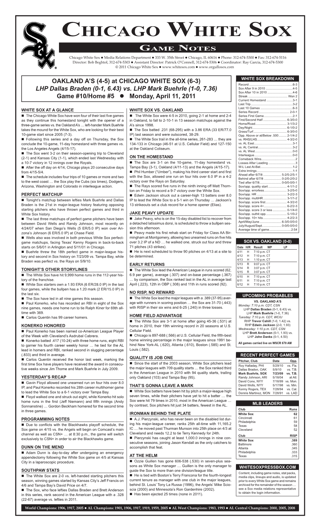 CHICAGO WHITE SOX GAME NOTES Chicago White Sox � Media Relations Departmentgame � 333 W