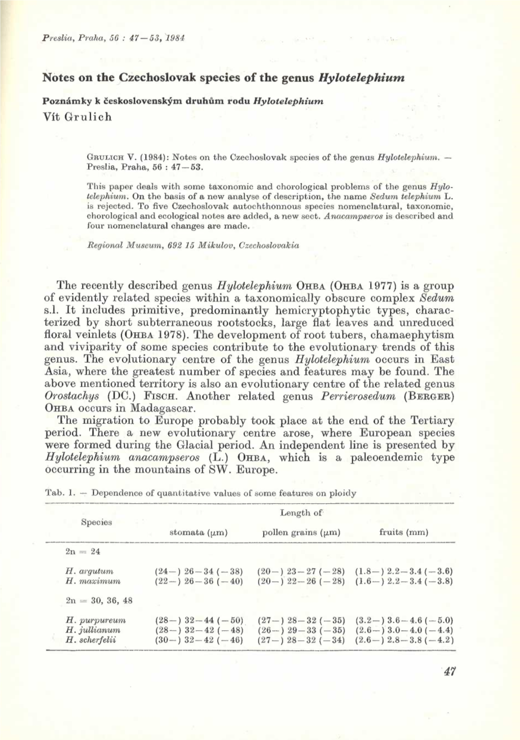 Notes on the Czechoslovak Species of the Genus Hylotelephium 47