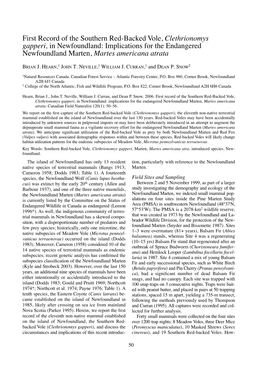 First Record of the Southern Red-Backed Vole, Clethrionomys Gapperi, in Newfoundland: Implications for the Endangered Newfoundland Marten, Martes Americana Atrata