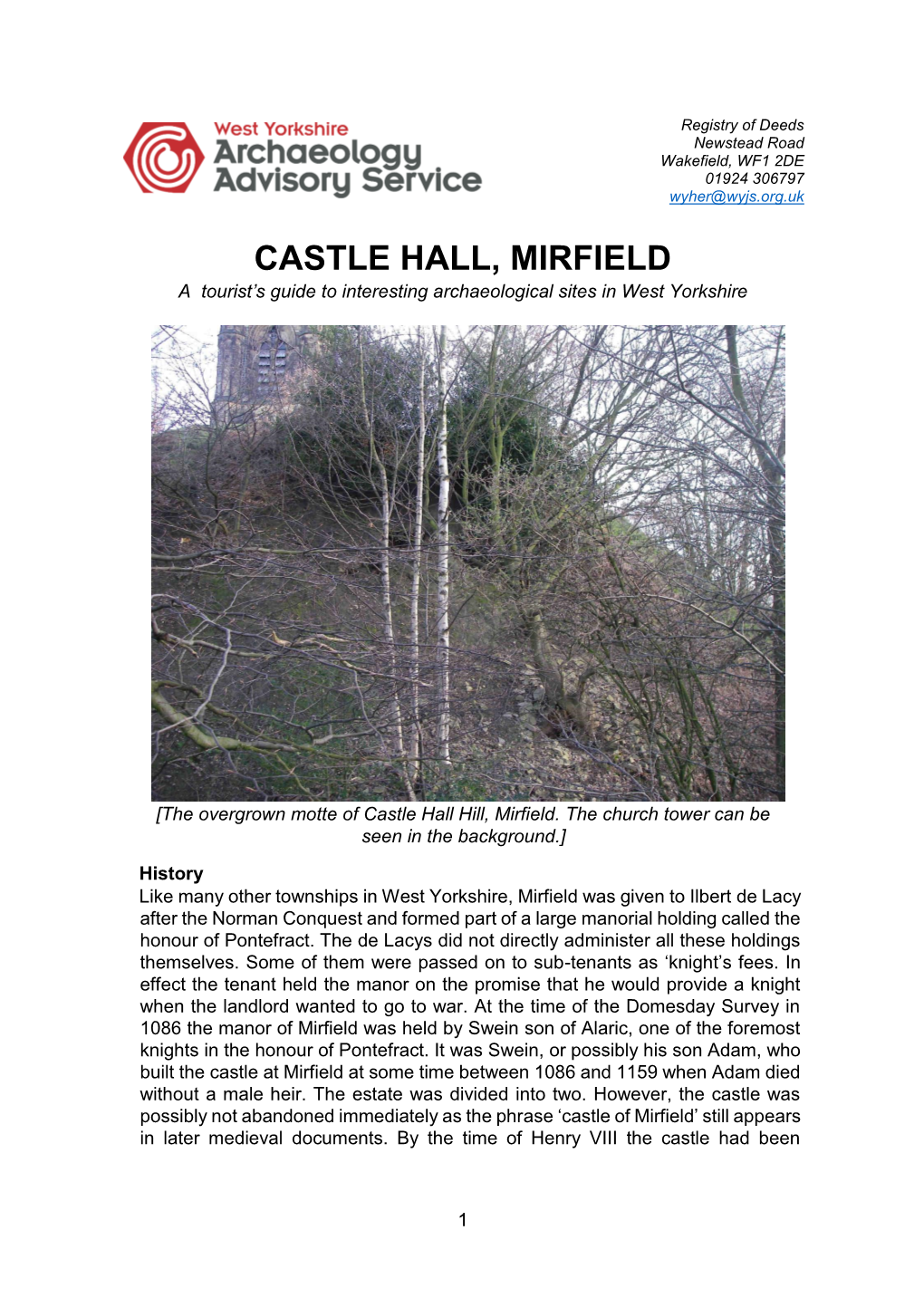 CASTLE HALL, MIRFIELD a Tourist’S Guide to Interesting Archaeological Sites in West Yorkshire