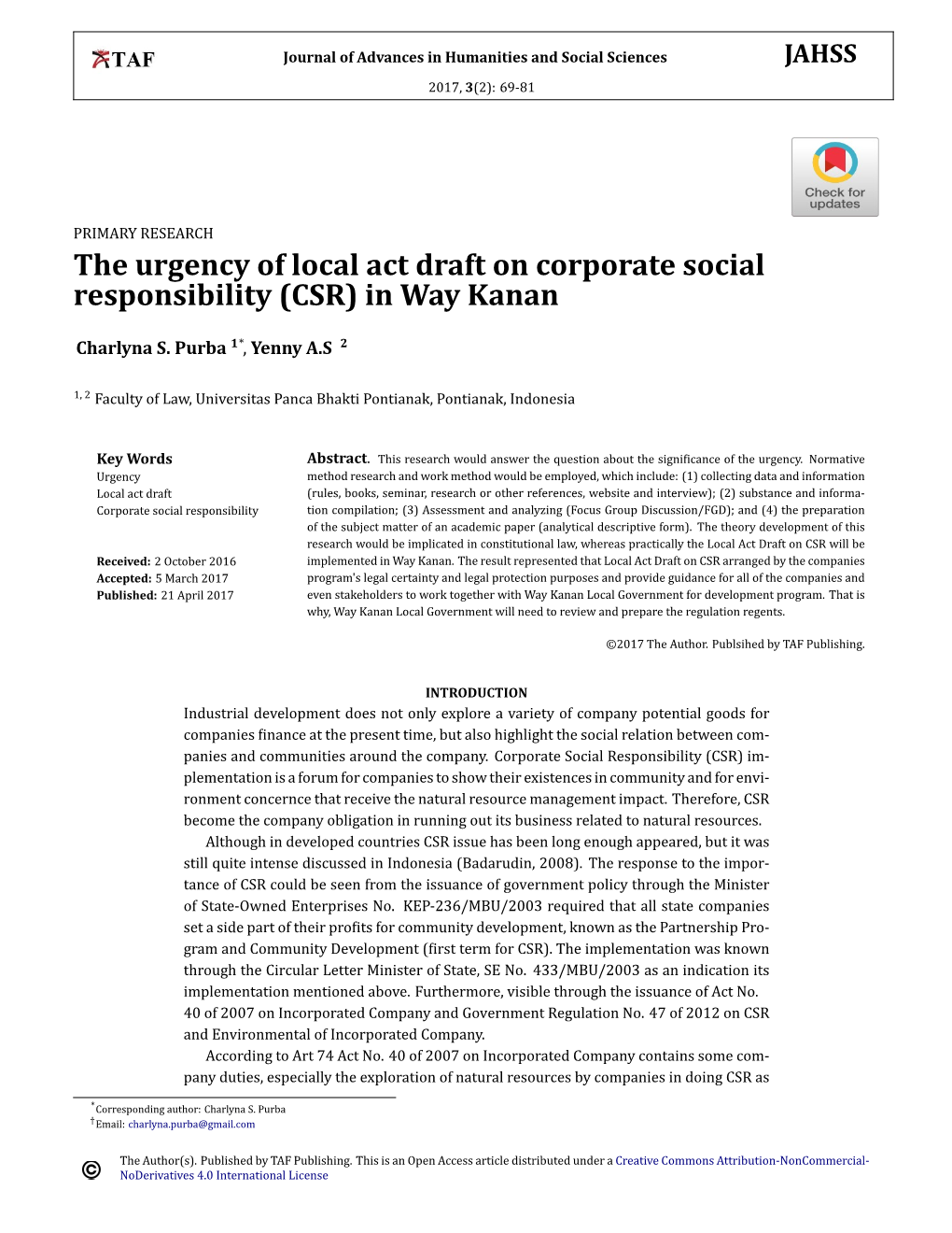 The Urgency of Local Act Draft on Corporate Social Responsibility (CSR) in Way Kanan