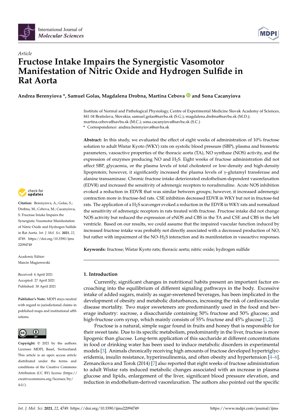 Fructose Intake Impairs the Synergistic Vasomotor Manifestation of Nitric Oxide and Hydrogen Sulﬁde in Rat Aorta