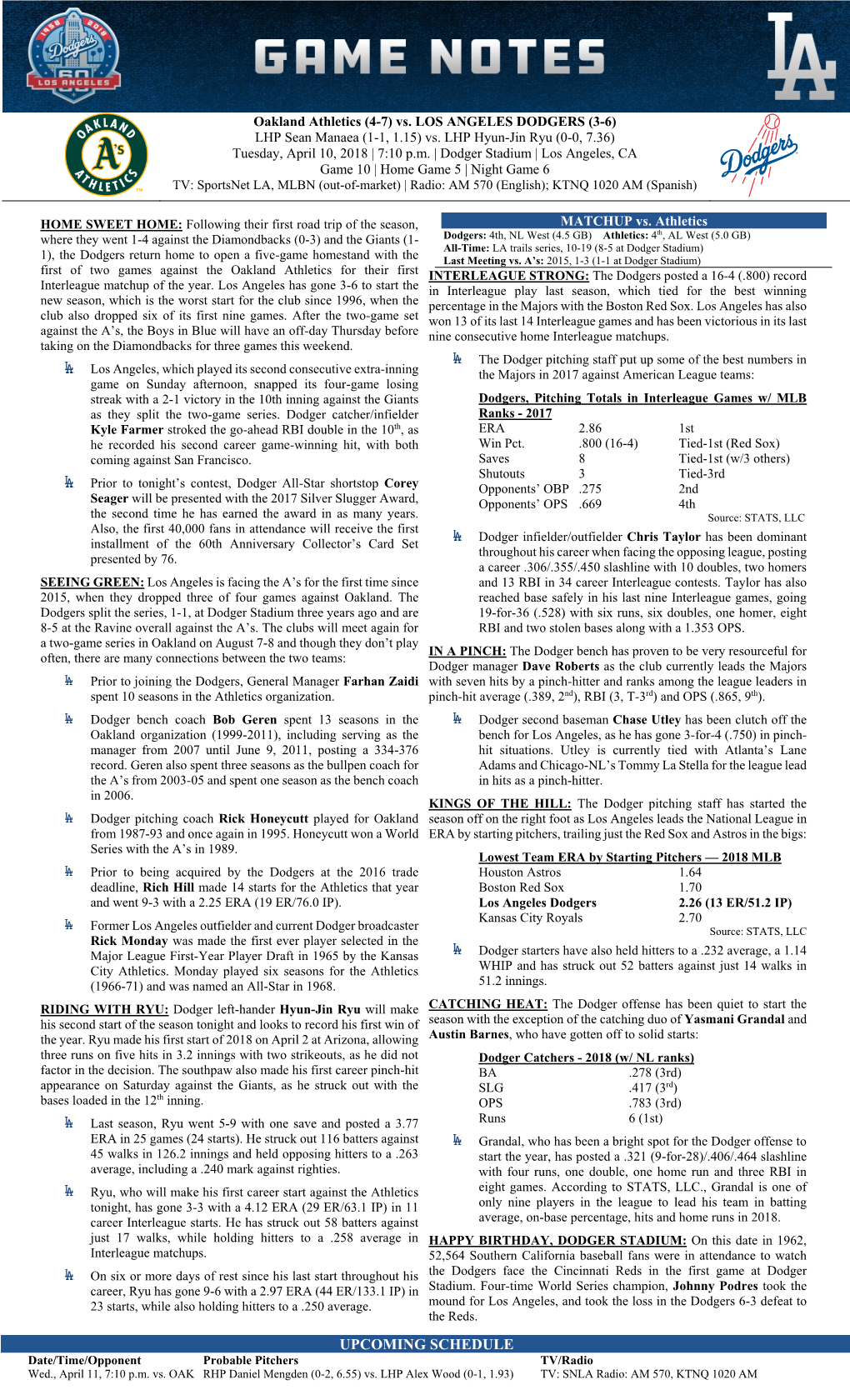 04-10-2018 Dodgers Game Notes