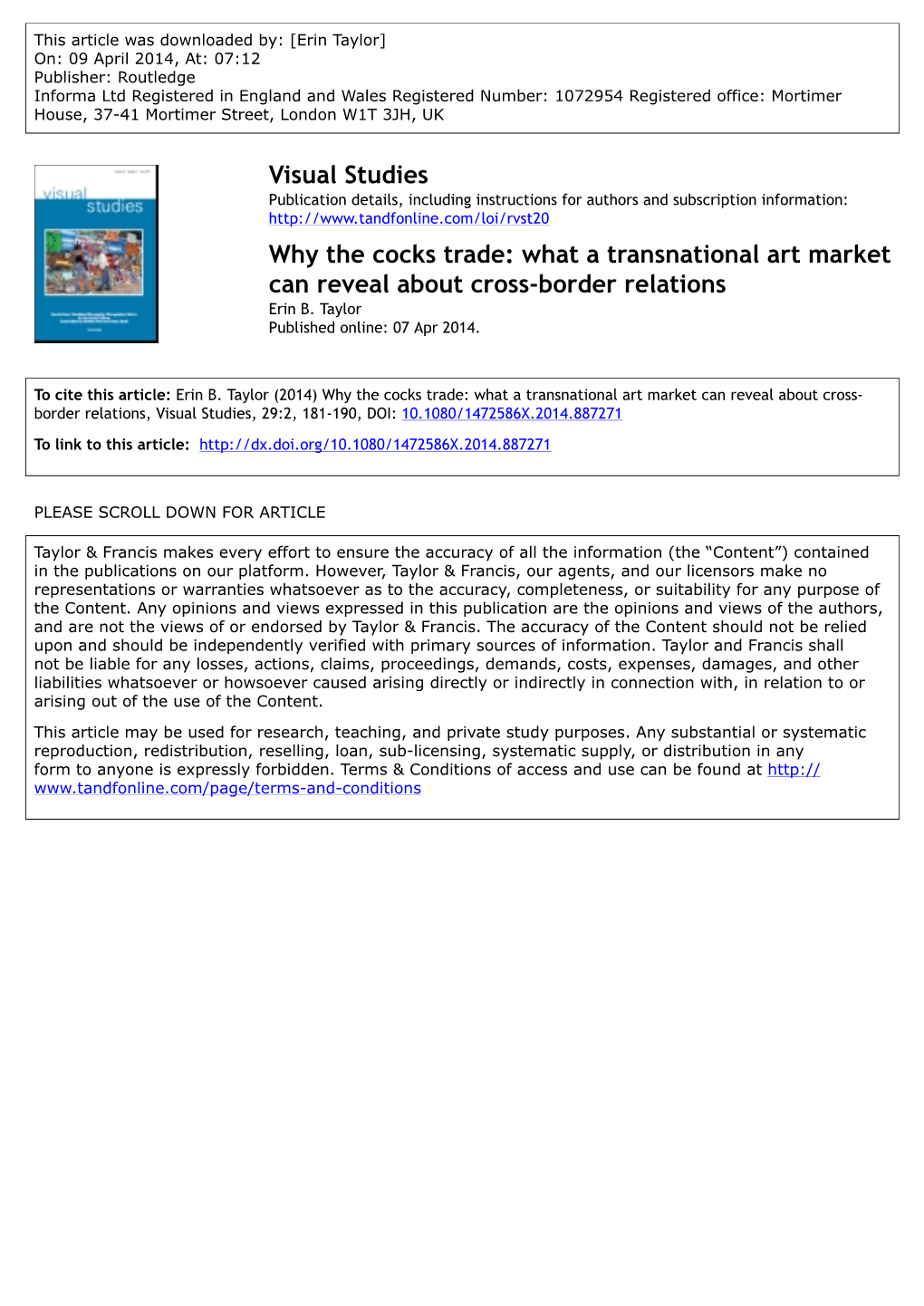 Why the Cocks Trade: What a Transnational Art Market Can Reveal About Cross-Border Relations Erin B