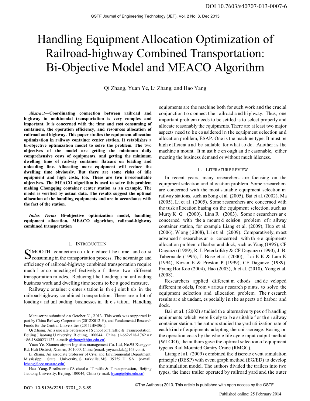 Handling Equipment Allocation Optimization of Railroad-Highway Combined Transportation: Bi-Objective Model and MEACO Algorithm