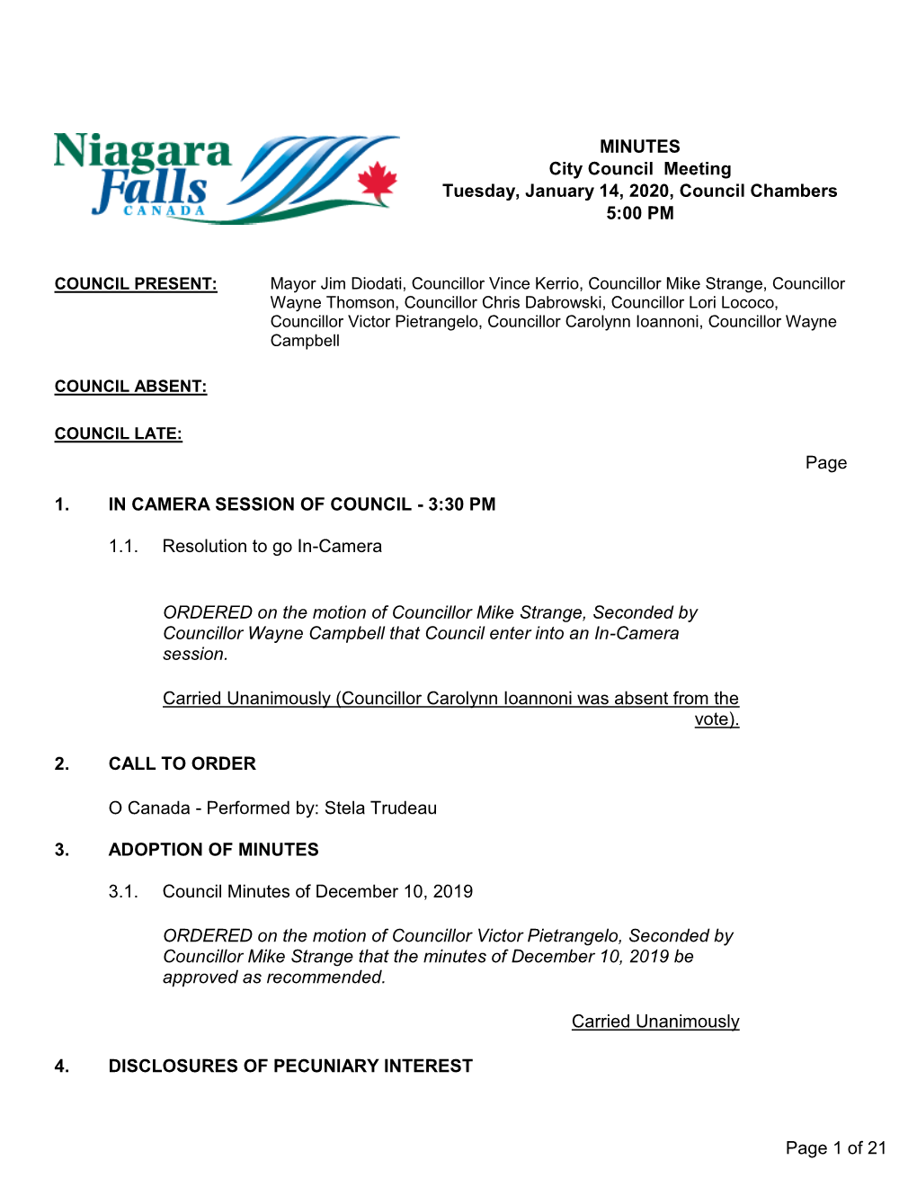 City Council Meeting Tuesday, January 14, 2020, Council Chambers 5:00 PM