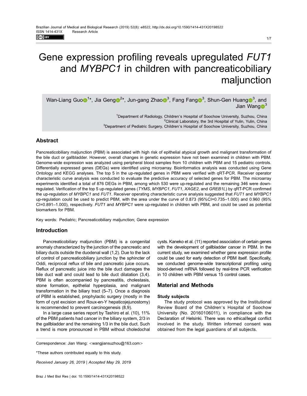 Gene Expression Profiling Reveals Upregulated FUT1 and MYBPC1 in Children with Pancreaticobiliary Maljunction