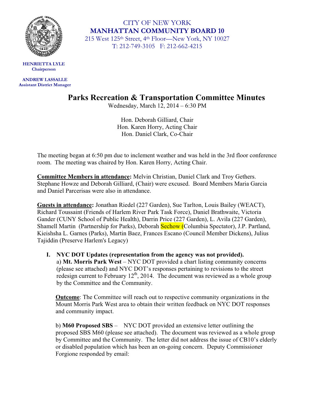 Parks Recreation & Transportation Committee Minutes