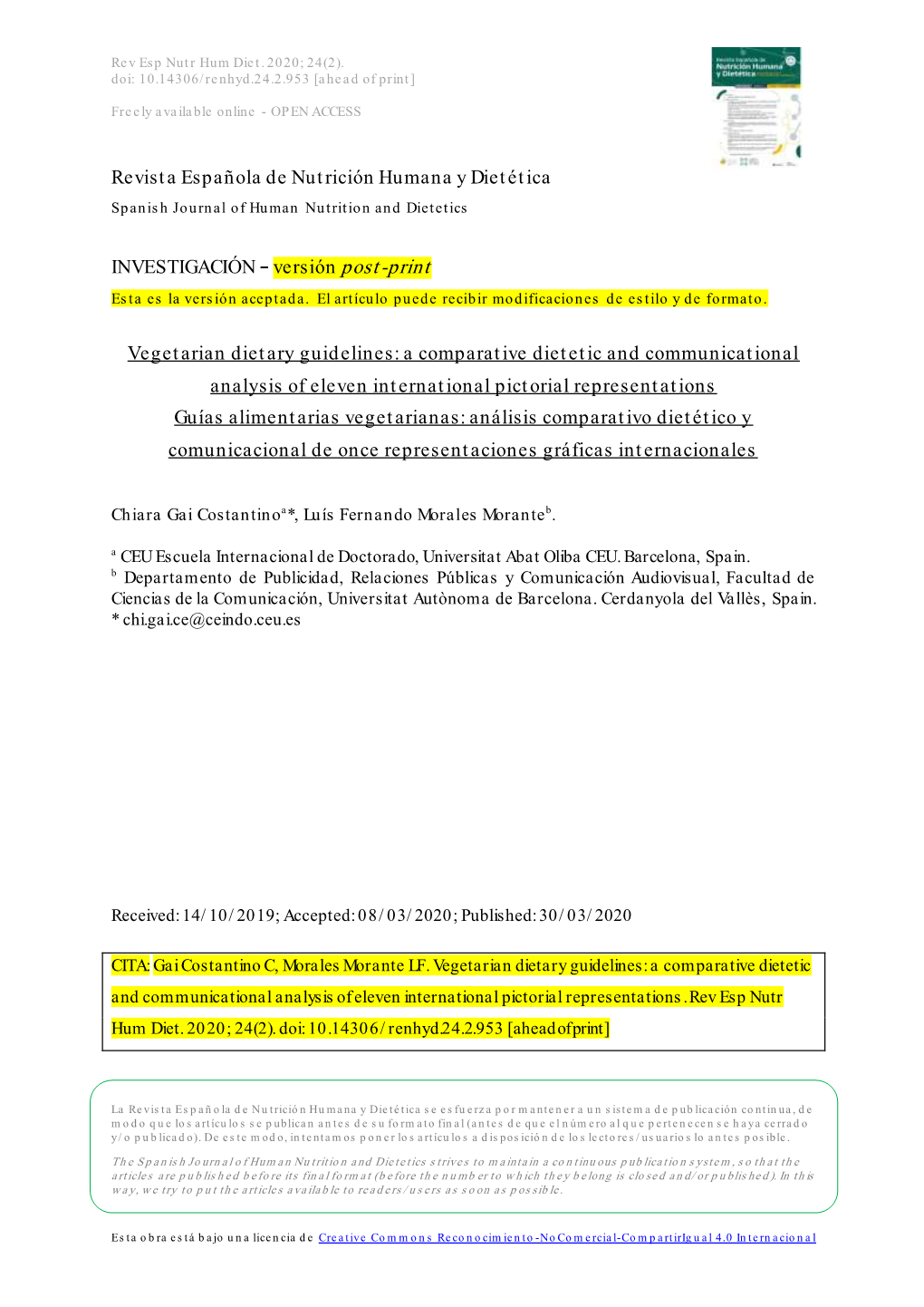 Revista Española De Nutrición Humana Y Dietética Spanish Journal of Human Nutrition and Dietetics