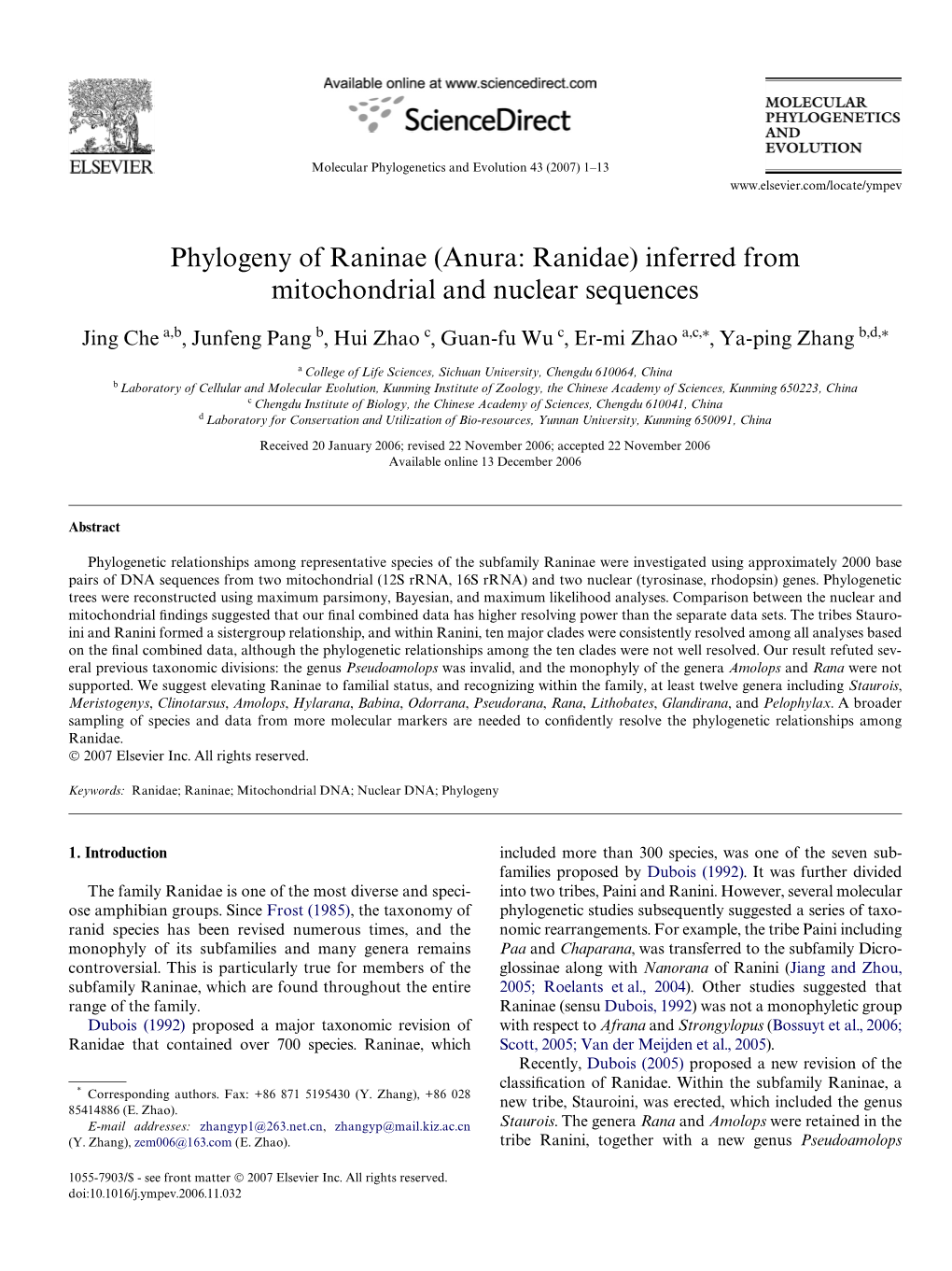 Phylogeny of Raninae (Anura: Ranidae) Inferred from Mitochondrial and Nuclear Sequences