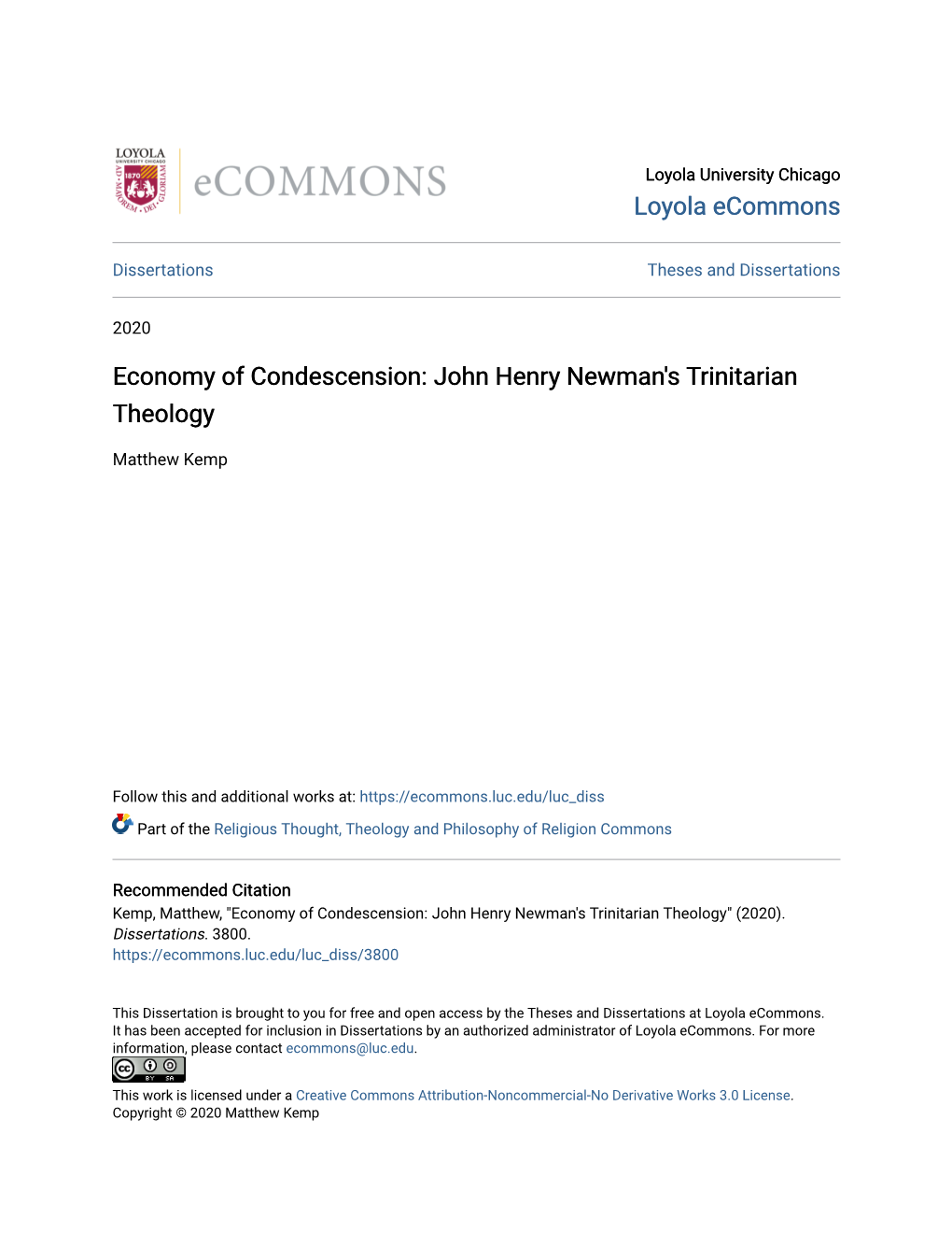 Economy of Condescension: John Henry Newman's Trinitarian Theology