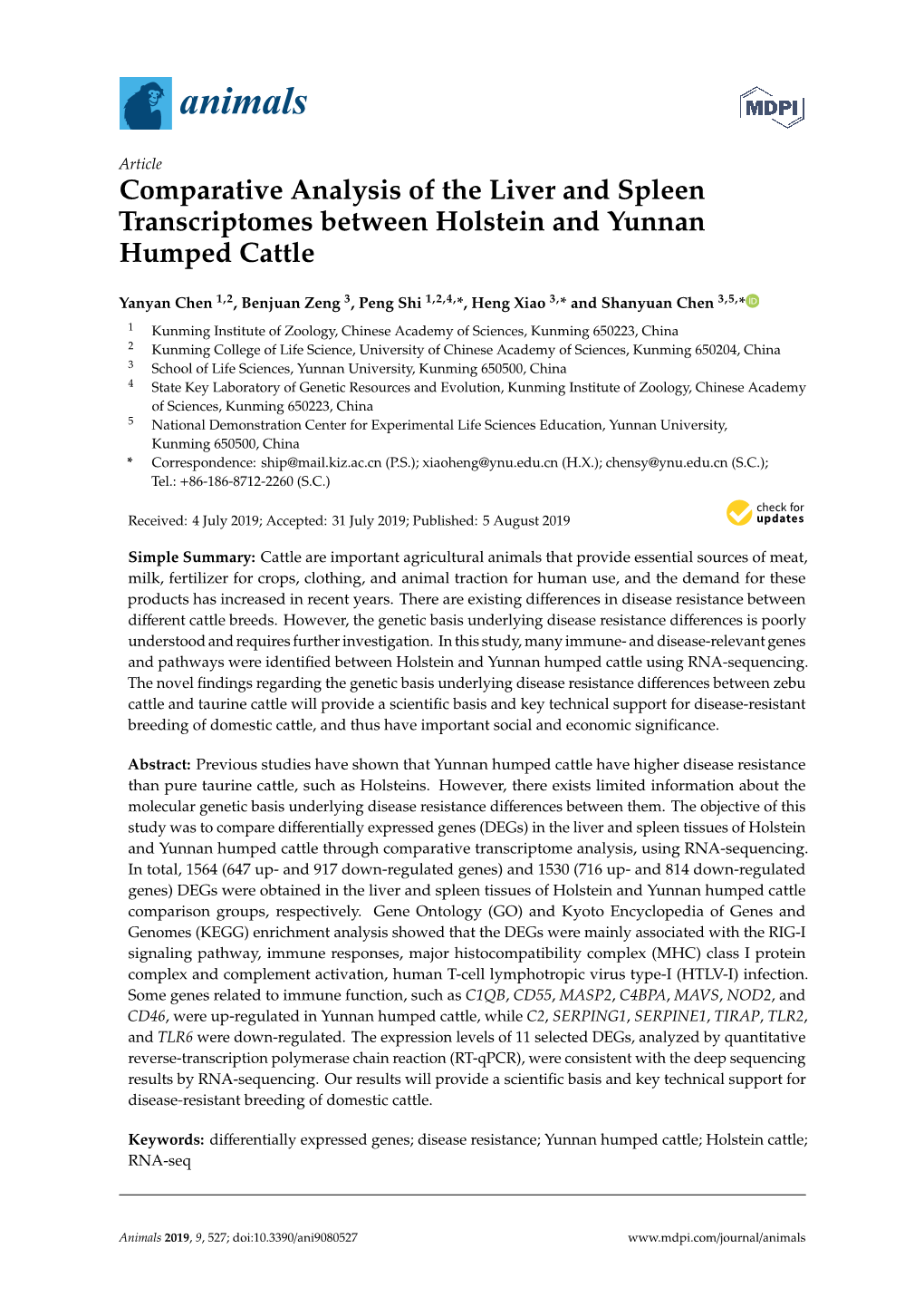 Comparative Analysis of the Liver and Spleen Transcriptomes Between Holstein and Yunnan Humped Cattle