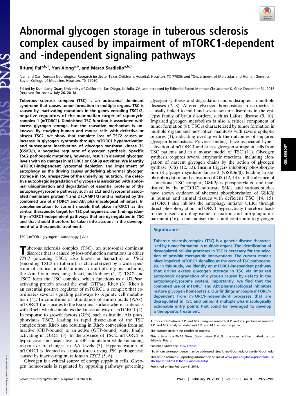Abnormal Glycogen Storage in Tuberous Sclerosis Complex Caused by Impairment of Mtorc1-Dependent and -Independent Signaling Pathways