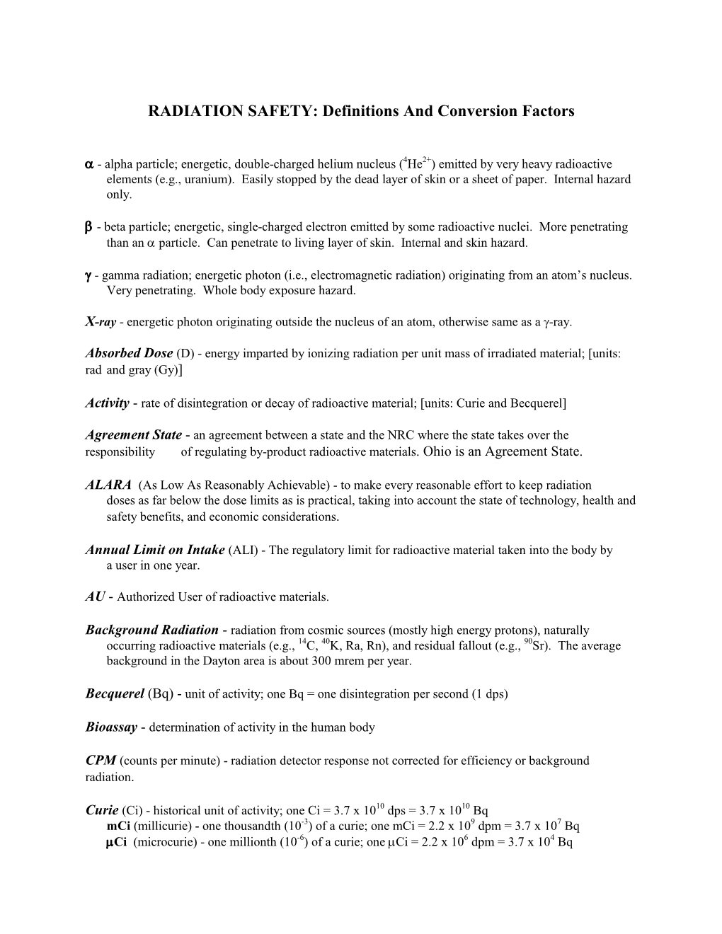 Definitions and Conversion Factors