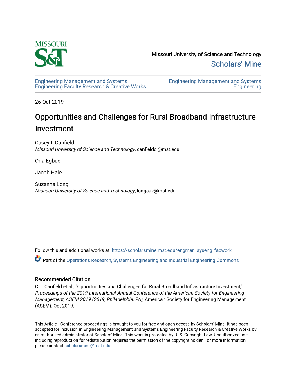 Opportunities and Challenges for Rural Broadband Infrastructure Investment