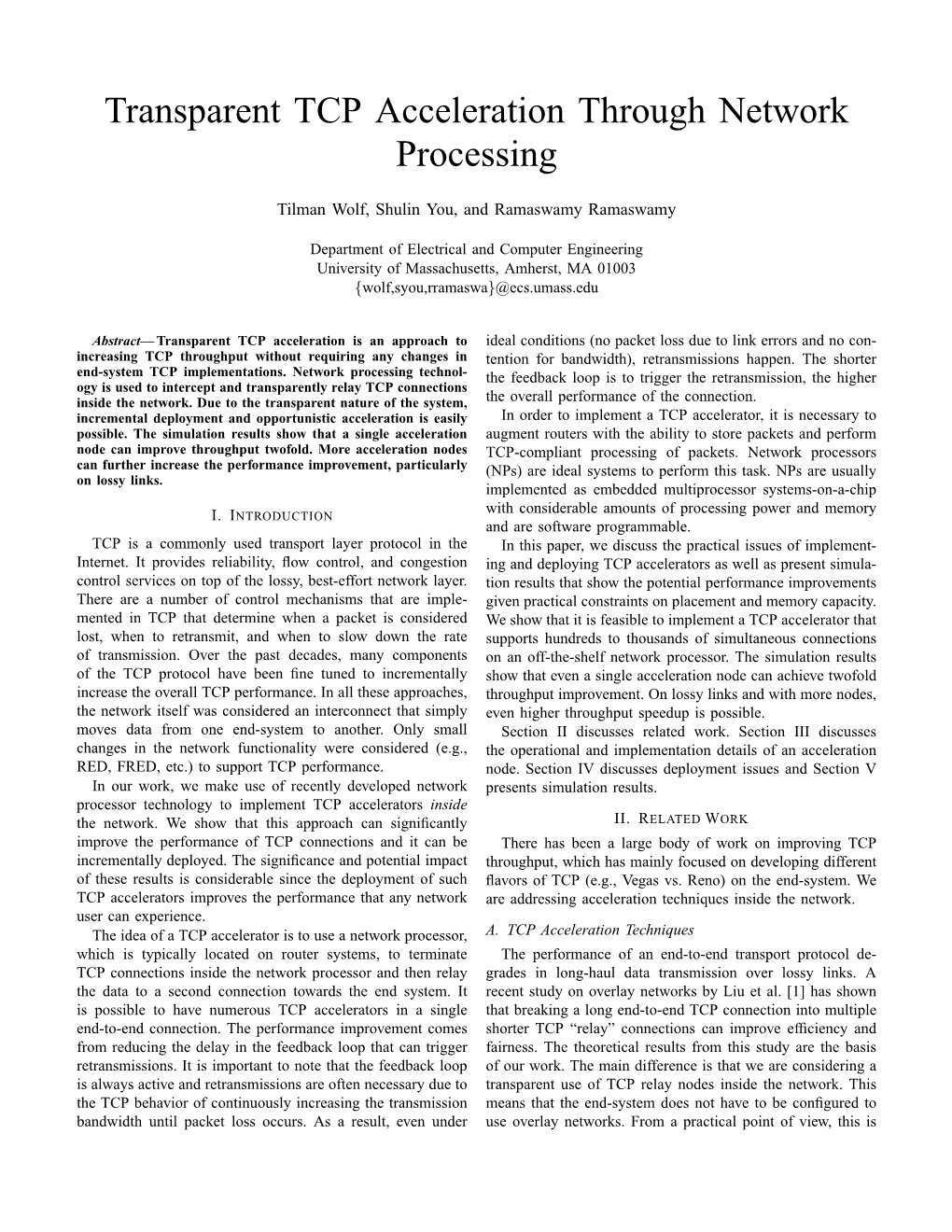 Transparent TCP Acceleration Through Network Processing
