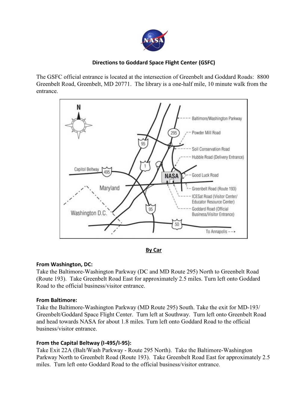 Directions to Goddard Space Flight Center (GSFC)