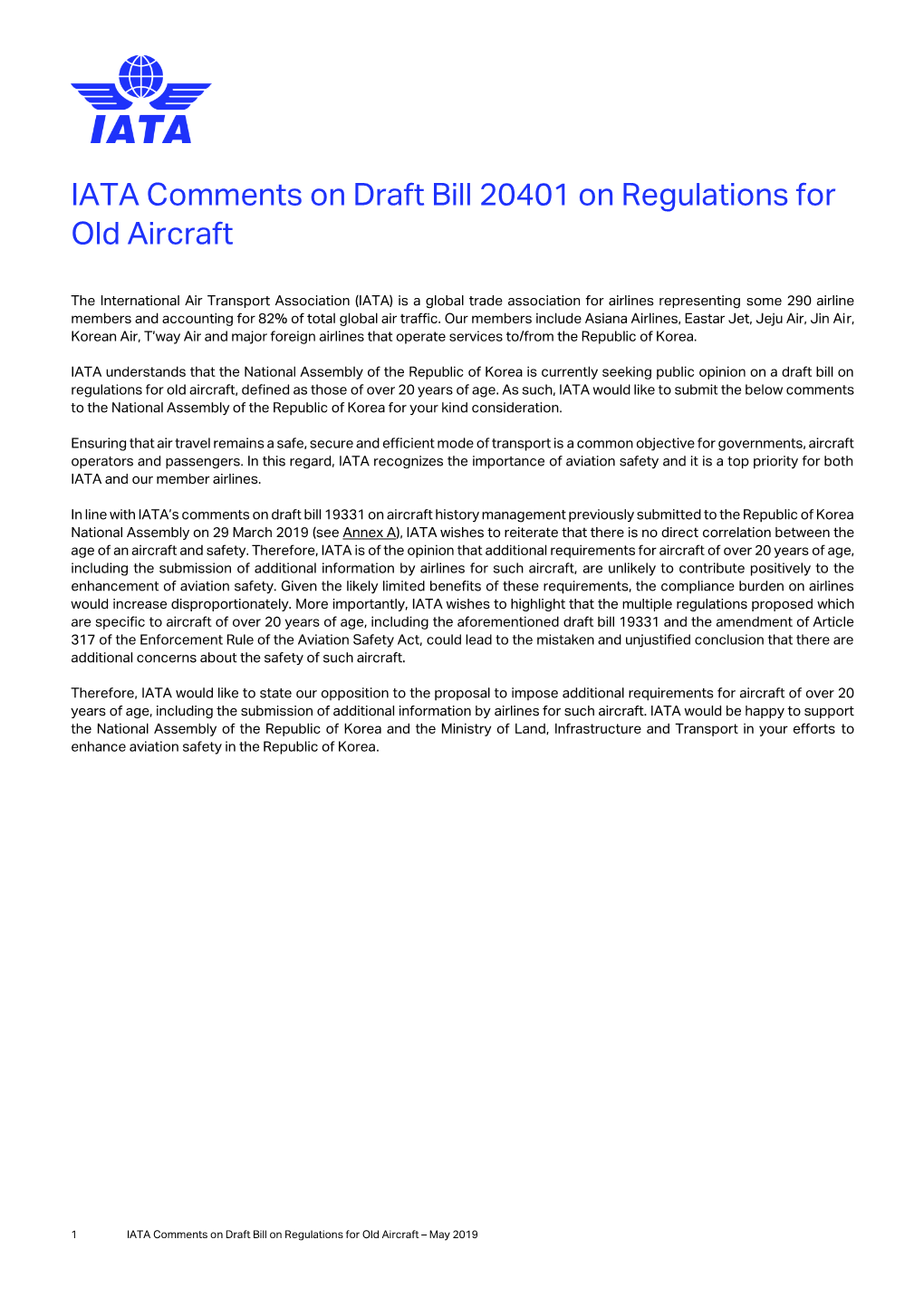 IATA Comments on Draft Bill 20401 on Regulations for Old Aircraft