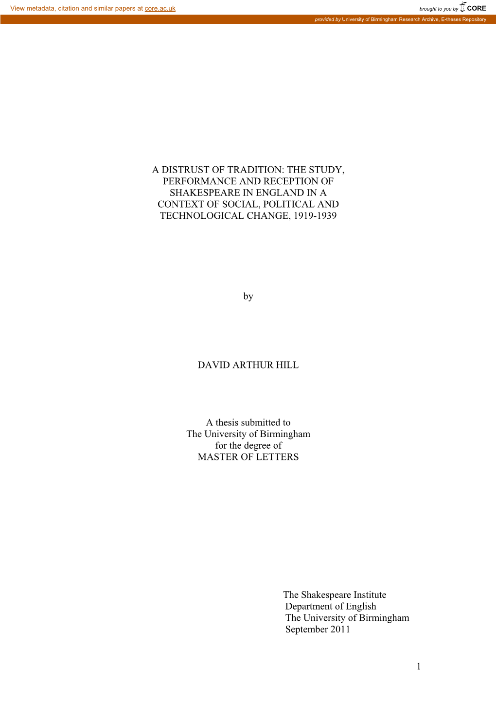 A Distrust of Tradition: the Study, Performance and Reception of Shakespeare in England in a Context of Social, Political and Technological Change, 1919-1939