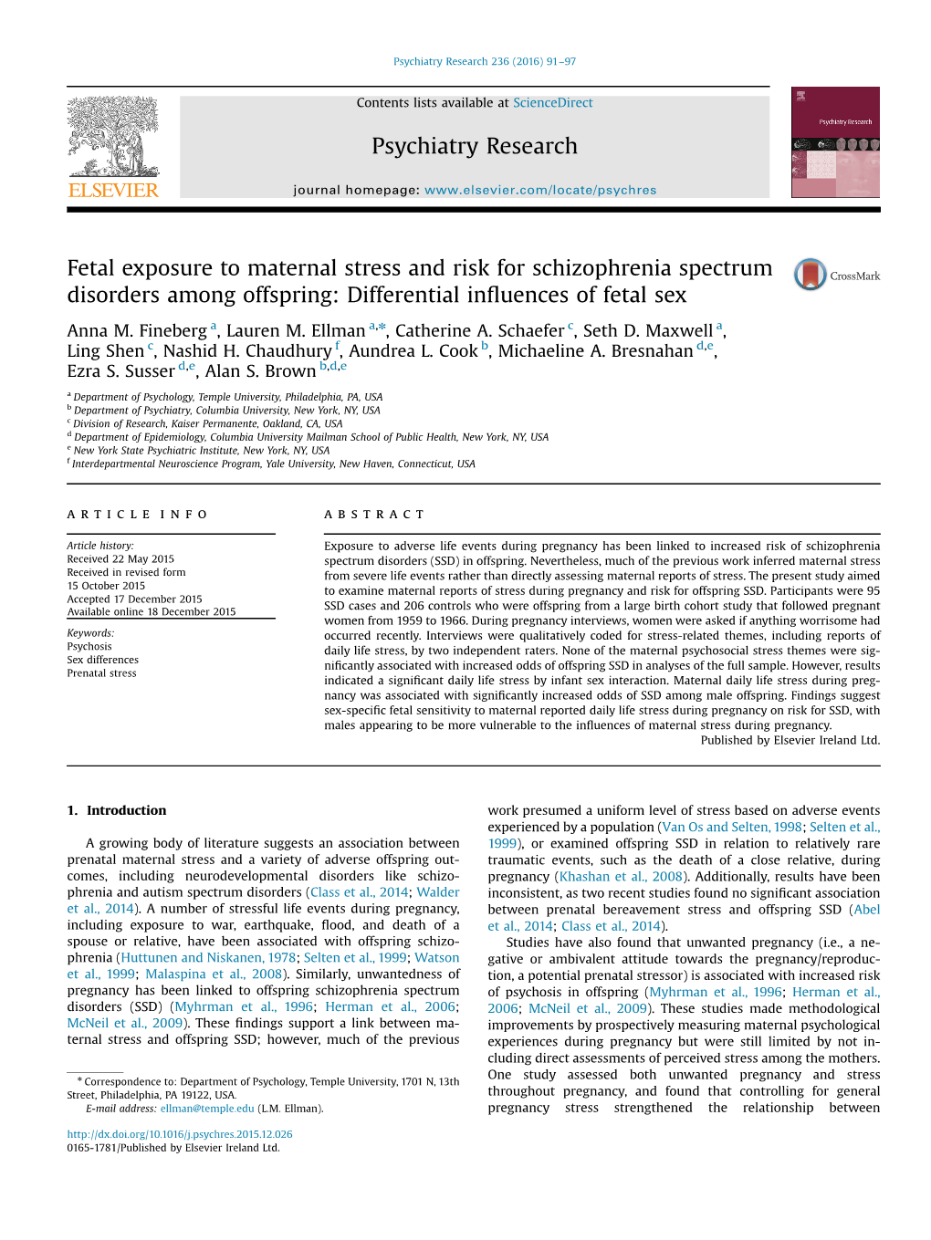 Psychiatry Research 236 (2016) 91–97