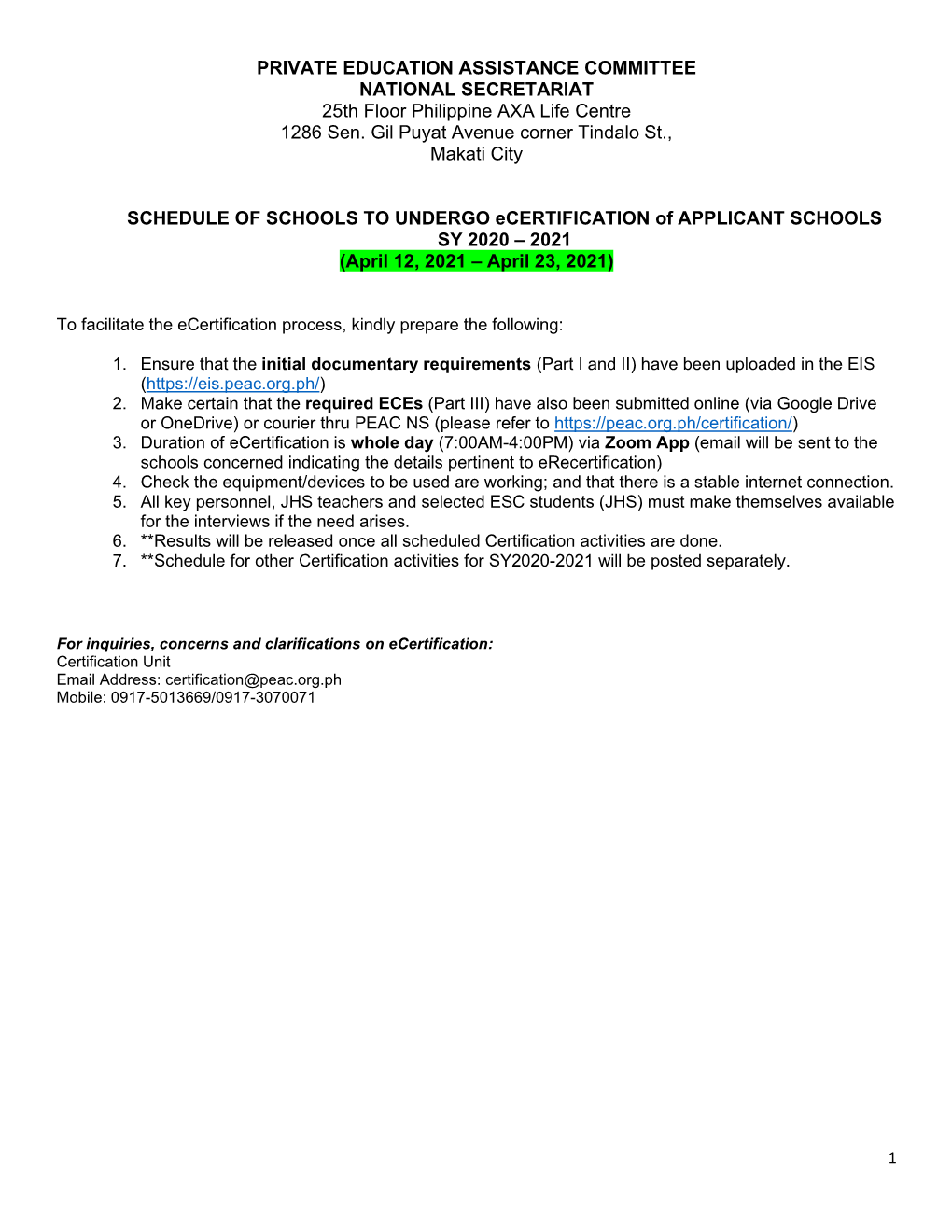 PRIVATE EDUCATION ASSISTANCE COMMITTEE NATIONAL SECRETARIAT 25Th Floor Philippine AXA Life Centre 1286 Sen